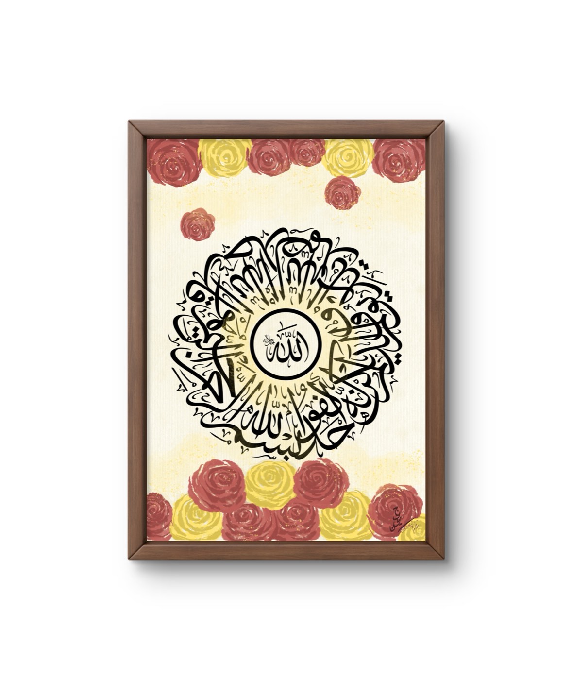 Circular black calligraphy roundel between garlands of red and yellow roses on cream